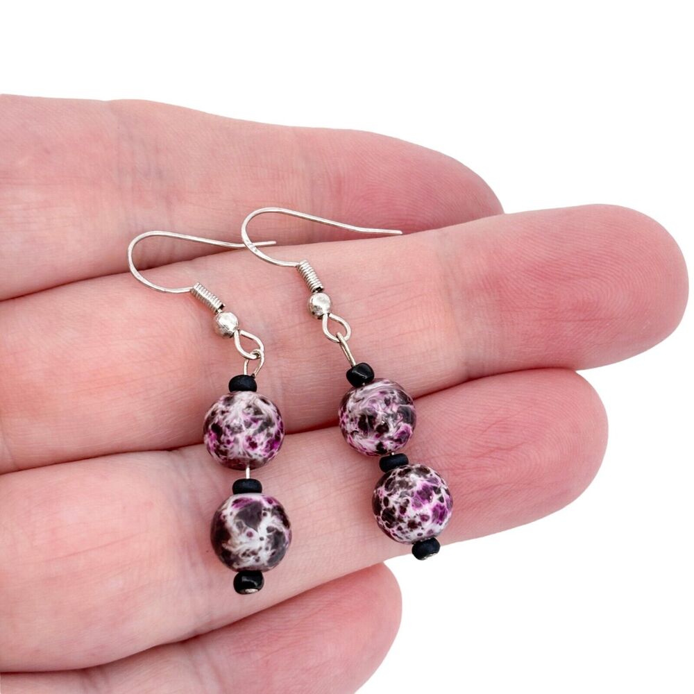 Vintage Sterling Silver 925 Purple Swirl Glass Beaded Dangle Earrings